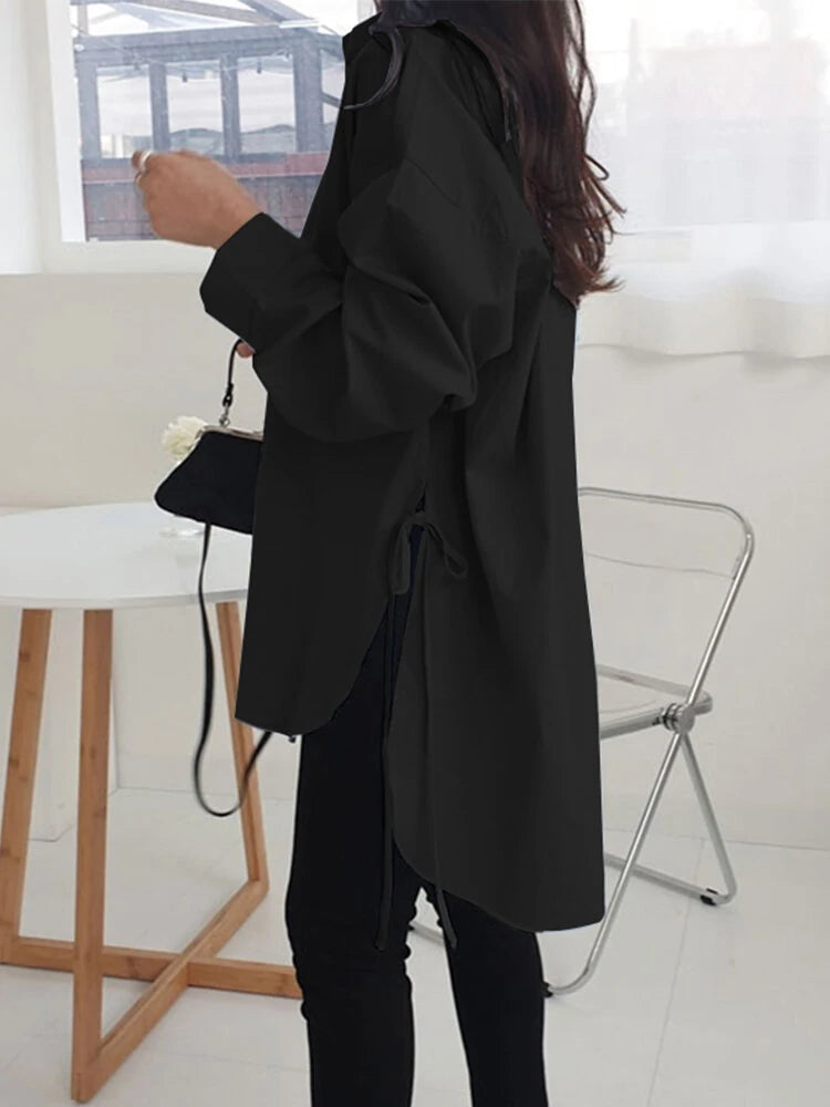 Women Lape High Low Split Tie Hem Irregular Hem Long Sleeve Shirts