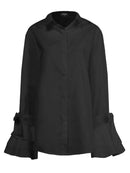 Women Casual Turn-down Collar Flare Sleeve Solid Color Blouse