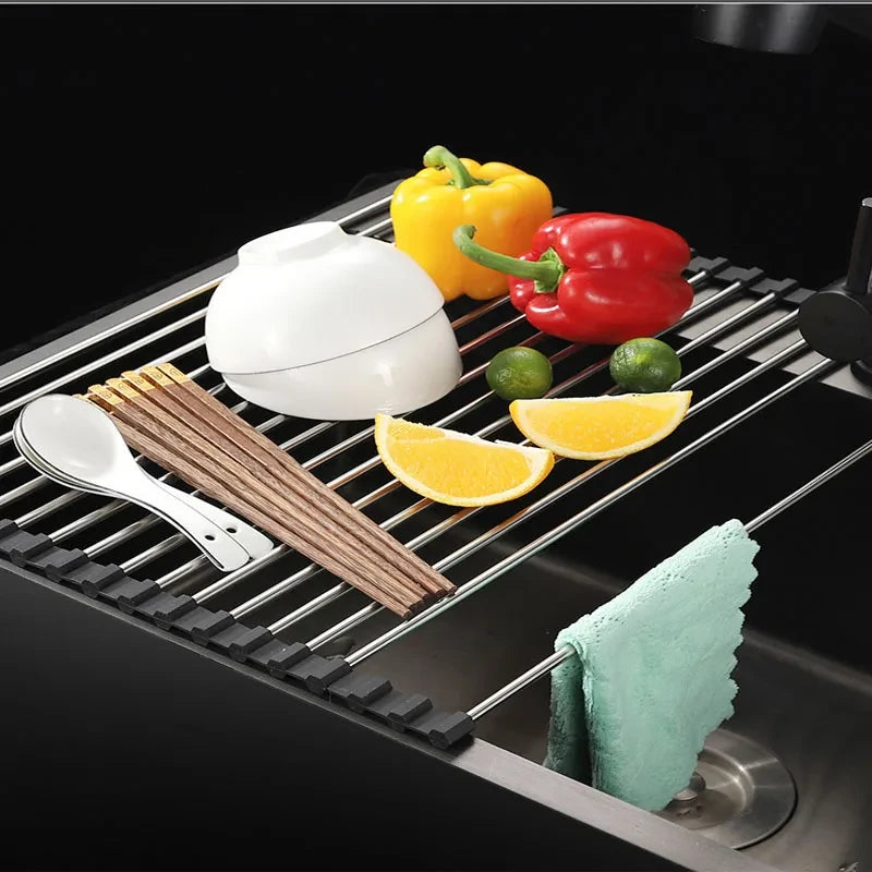 12/15 Tube Foldable Kitchen Sink Drainer Stainless Steel Vegetable Fruit Bowls Dishes Drain RackKitchen Sink Shelf Kitchen Utensils