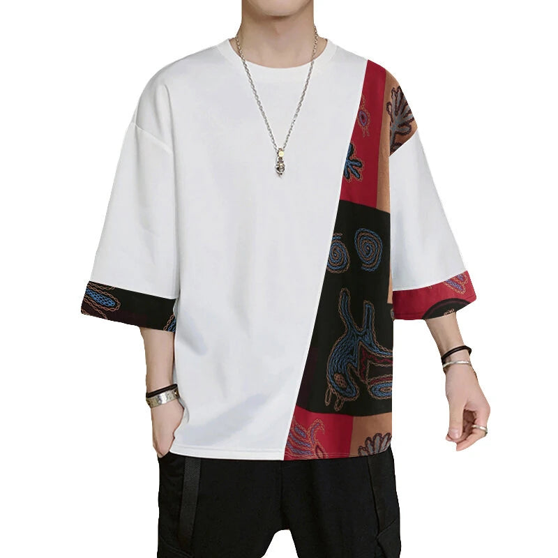 INCERUN Mens T Shirts Loose Fit Casual T-shirts for Men Print Patchwork Fashion Male Tee Tops Summer Short Sleeve Men Clothing