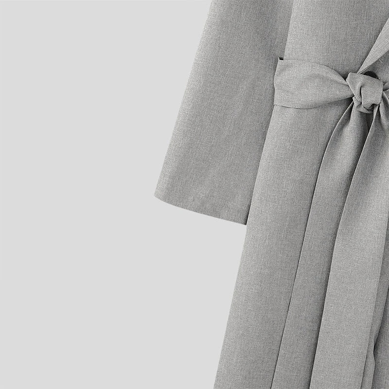 INCERUN Mens Double-Breasted Long Sleeve Jumpsuit Fashion Solid Color Waist Lace Up Suit Jumpsuit Long Top Pant