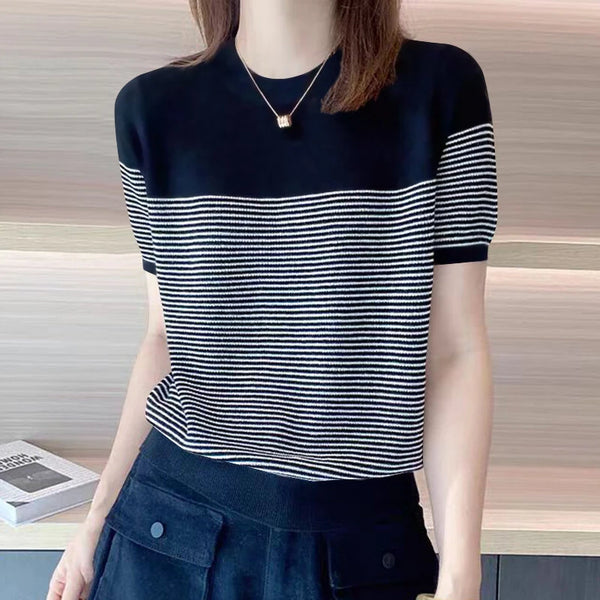 ZANZEA Women Summer T Shirt Vintage Striped Short Sleeve Tee Korean Fashion Round Neck Patchwork Tunics Casual Knitted Tops