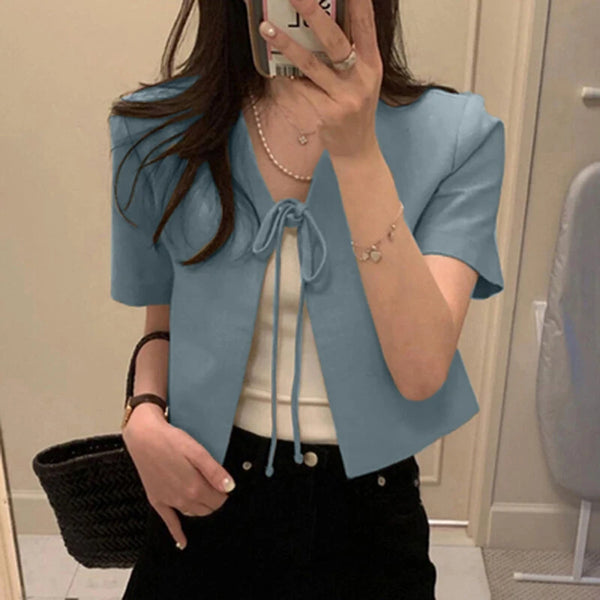 ZANZEA Daily Short Suit Jacket with Tie Front Collar, Short Sleeves Cotton Linen Blend Women's Blazer
