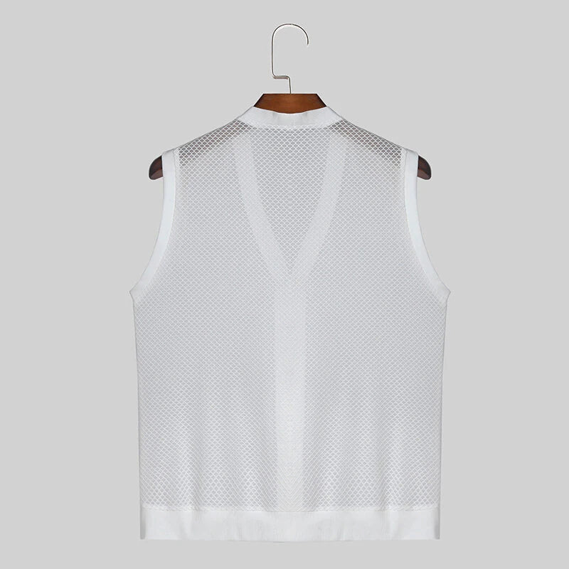 INCERUN Mens Tank Top Solid Color Hollow Out Vests Top Summer Cool Button Undershirt Top Fashion Male Clothing