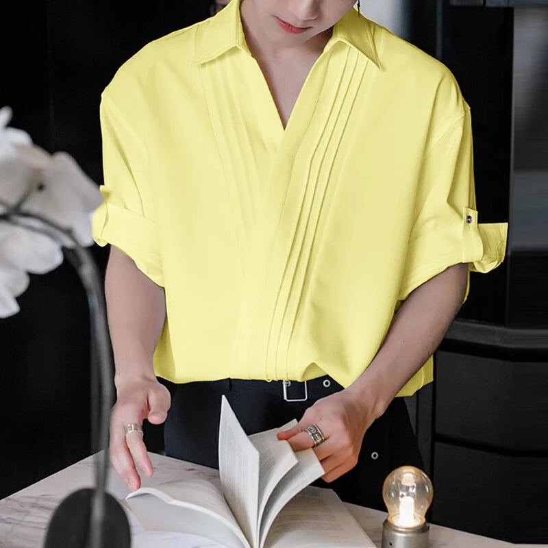 INCERUN Mens Asymmetrical Pleated Short Sleeve Shirt Casual Solid Color Lapel Top for Male