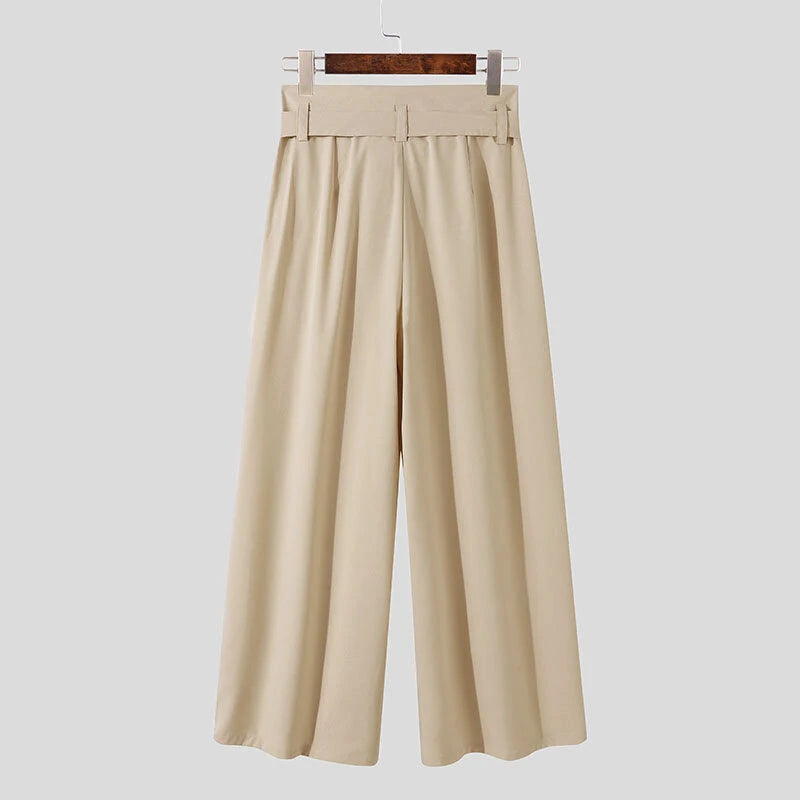 INCERUN Mens Pants Solid Color Loose Fit High Waist Tie Straight Leg Pants for Men Casual Comfy Male Trousers