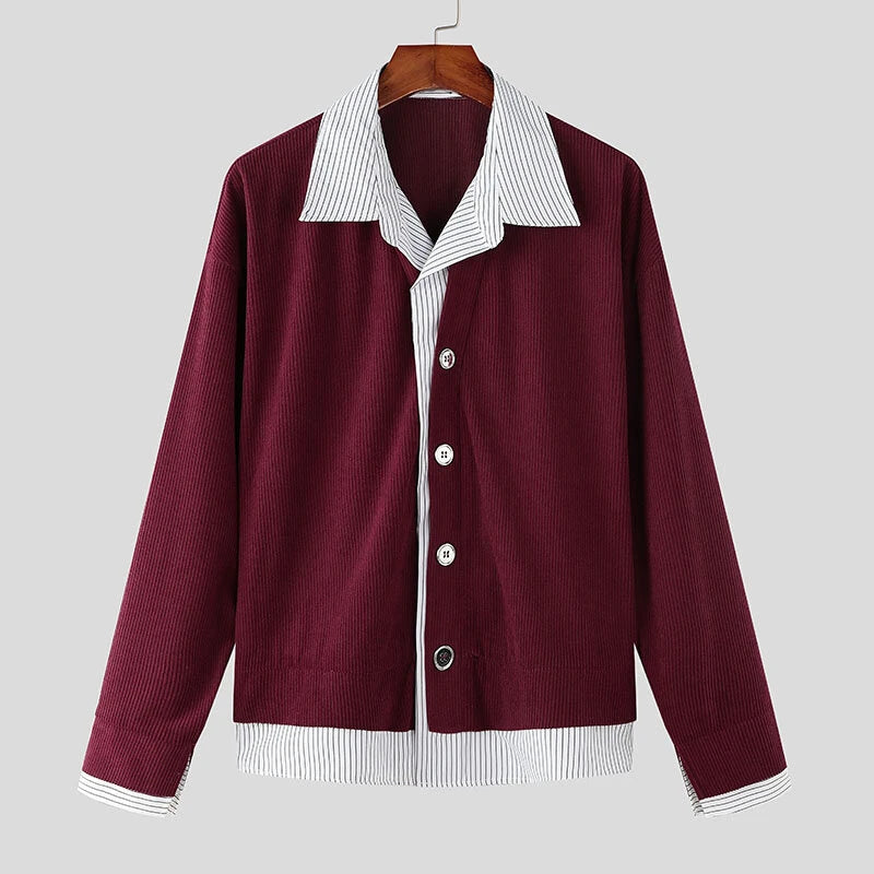 INCERUN Mens Textured Patchwork Striped Long Sleeve Shirt Fashion Lapel Men Top Comfortable