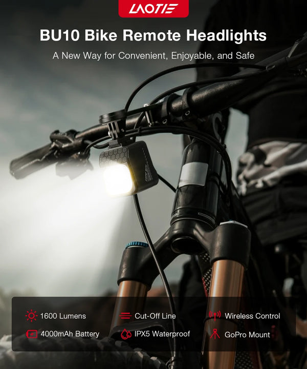 LAOTIE BU10 Wireless Remote Bike Headlight 1600Lm Super Bright Cut-off Line Design 4000mAh Battery Phone Emergency Power Bank IPX5 Waterproof Fast Charge Digital Display Smart Overhang Front Light for Universal Road Bikes MTB Bikes