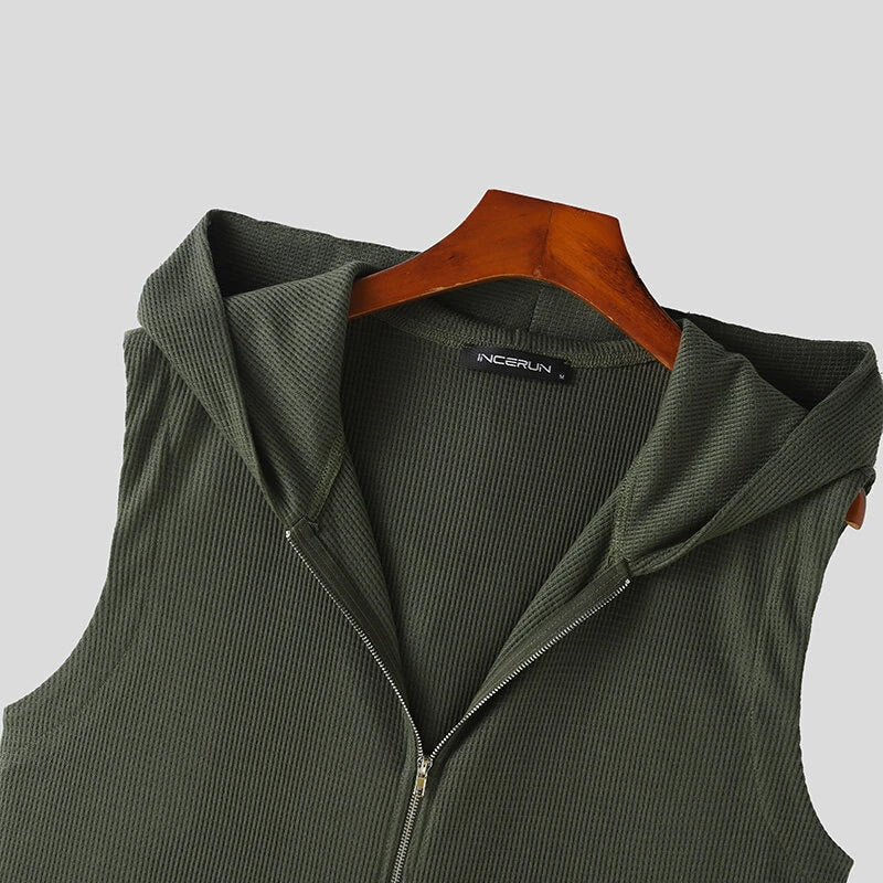 INCERUN Zip-Up Hooded Tank Top for Men Comfy Solid Color Men Vest Summer Daily Sleeveless Male Clothing