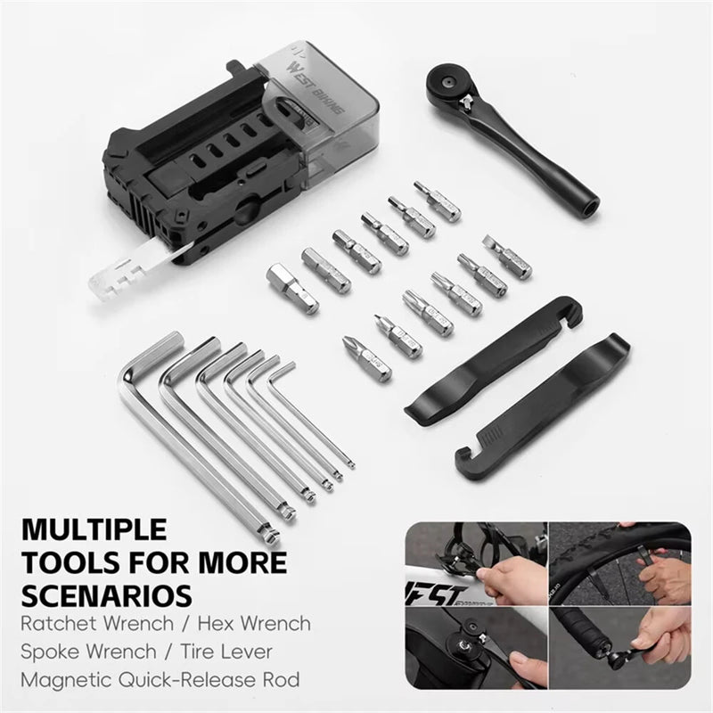 WEST BIKING Portable Bicycle Repair Tool Kit with Ratchet Wrench Tyre Lever Magnetic Screwdriver Allen Keys Multi-Tool Box