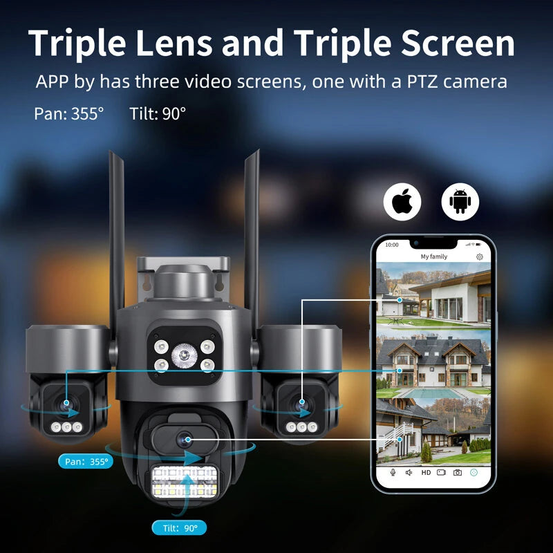 Guudgo 3MP 5X Zoom Triple Lens Security Camera Outdoor Wireless 360 View WiFi Cloud Storage AI Human Detection Night Vision Siren Alarm IP66 Weatherproof Outdoors Surveillance Camera