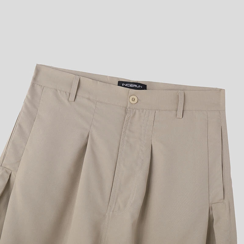 INCERUN Men Casual Baggy Pants Simple Solid Color Button Front Wide Leg Trousers for Men Large Size S-5XL