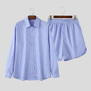INCERUN Mens Fashion Striped Loose Two Pieces Outfit Comfortable Long Sleeve Shirt & Short Two-piece Suits