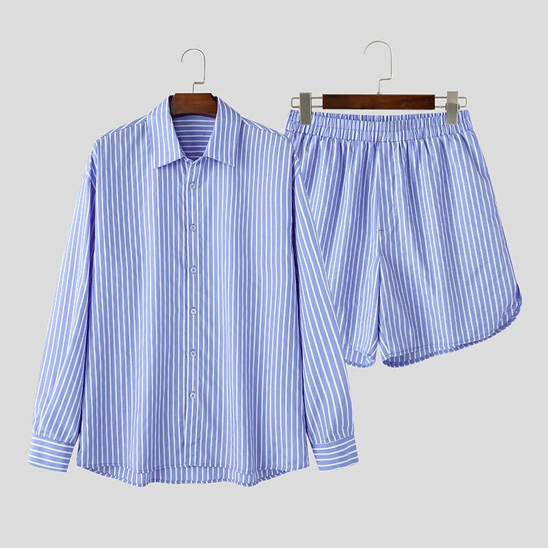 INCERUN Mens Fashion Striped Loose Two Pieces Outfit Comfortable Long Sleeve Shirt & Short Two-piece Suits