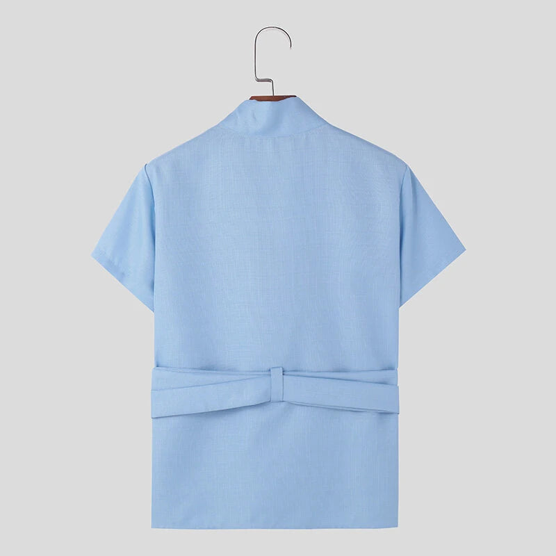 INCERUN Mens Textured Tie-Design Short Sleeve T-Shirt Fashion Design Casual Solid Color Tshirt for Men S-5XL