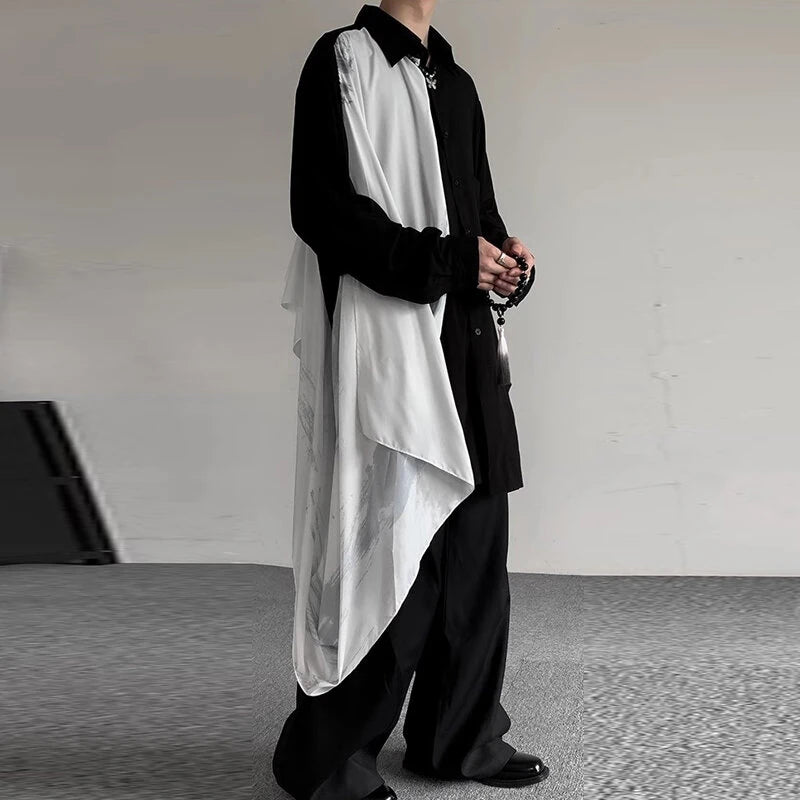 INCERUN Mens Patchwork Mid-Length Loose Long Sleeve Shirt Casual Fashion Design Lapel Top for Men Plus Size, Spring Fall