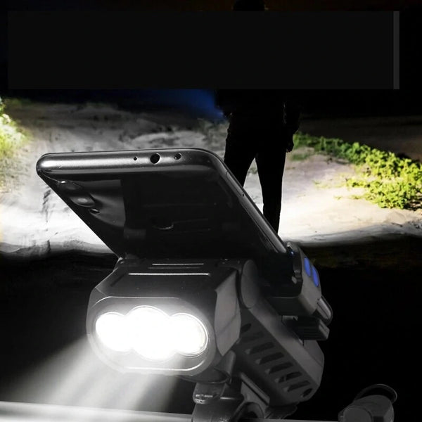 Xmund 4 in 1 500Lm Brightness Bike Headlight 3000mAh Battery IPX6 Waterproof 3 Light Modes 120 Rotation Power Bank Phone Holder with 130db Horn for Night Cycling