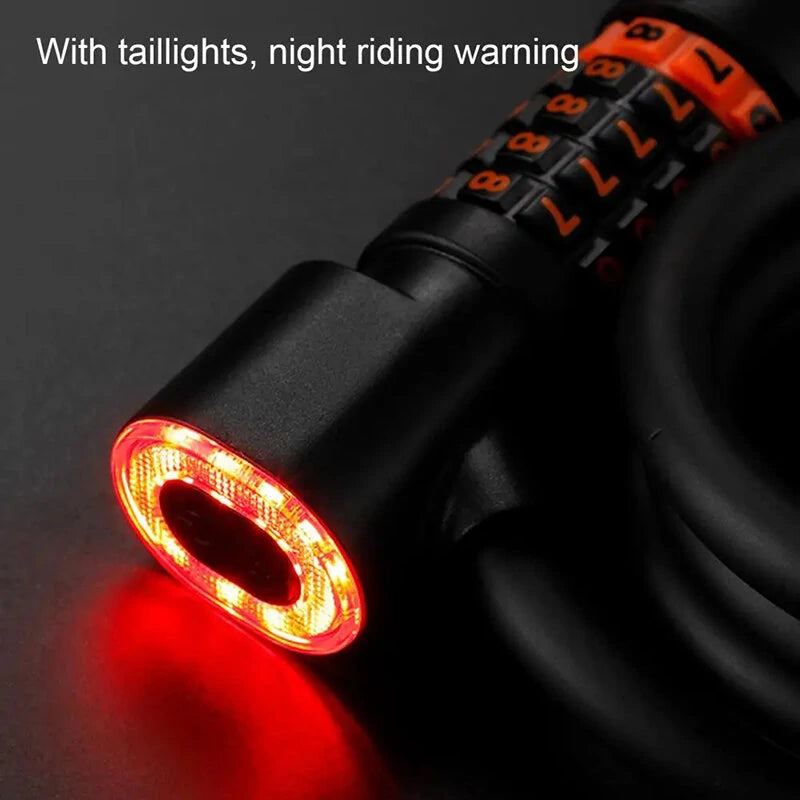 XANES Bicycle Steel Cable Lock 5 Digit Password High Security with Taillight Thicken Anti-Theft Safety Lock Motorcycle MTB Road Bike Accessories