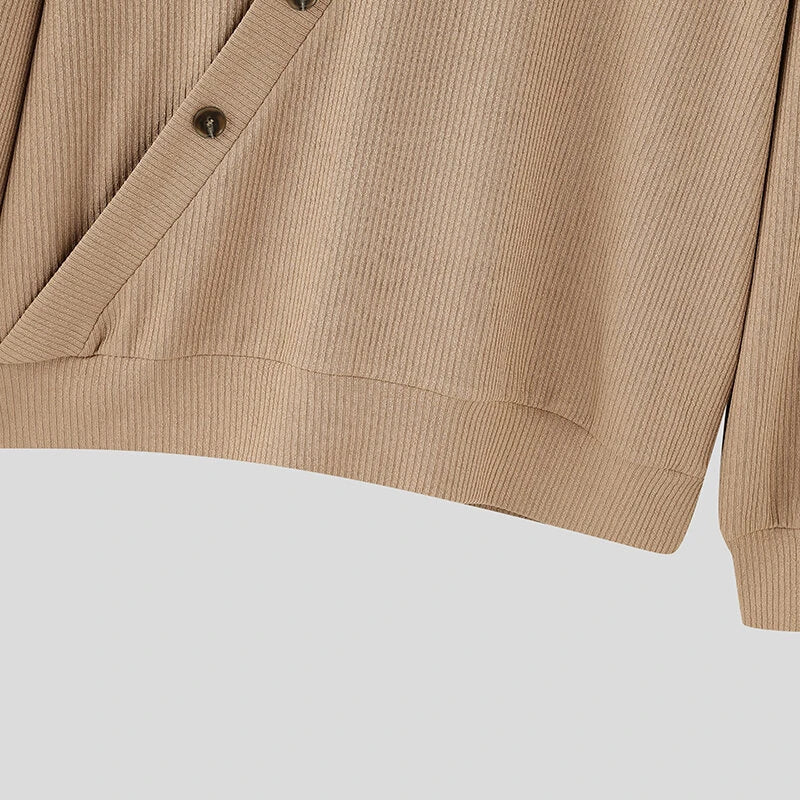 INCERUN Mens Textured Asymmetrical V-Neck Long-Sleeve Sweater Comfortable Solid Color Casual Fall Winter Top S-5XL