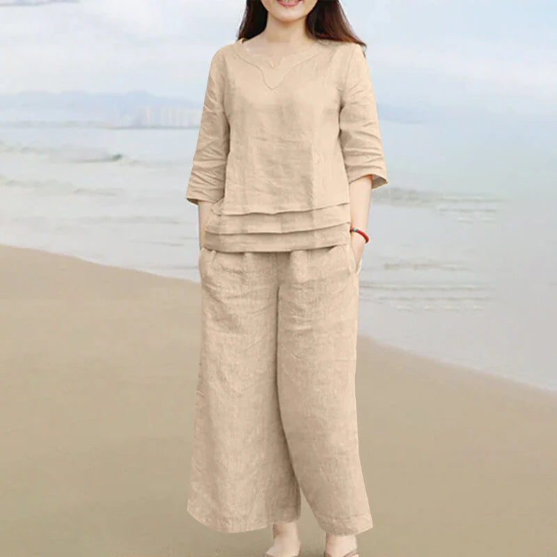 ZANZEA Plus Size Women Casual Solid Two-Piece Set, Notched Neck 3/4 Sleeve Layered Hem Top & Wide Leg Pants, Women's Plus Size Clothing
