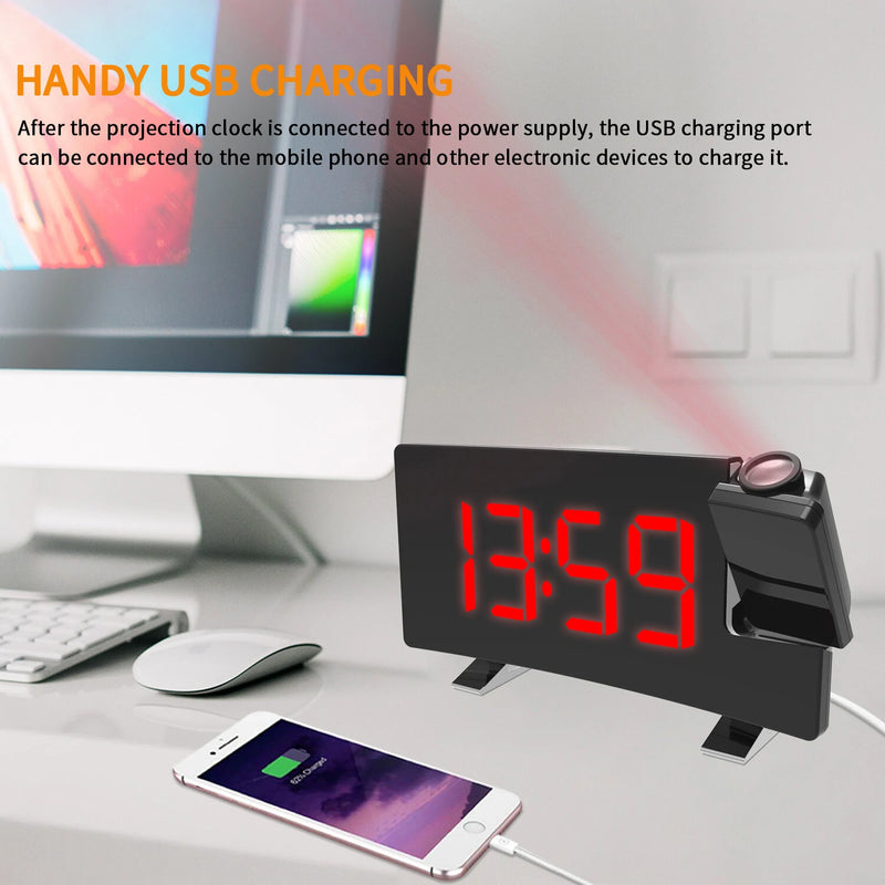 AGSIVO 8 Inch Projection Alarm Clock with 180 Rotatable Projector / FM Radio / Snooze / 3-Level Brightness Dimmer / Curved Clear LED Display / USB Charger For Bedroom Living Room