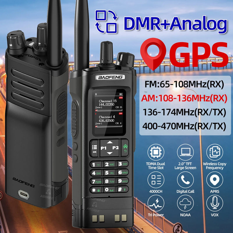 Baofeng DM-32UV 8W Power DMR Digital Analog Walkie Talkie 2.0" TFT GPS APRS 4000 Channels NOAA VOXs Type-C Two Way Radio With Earphones