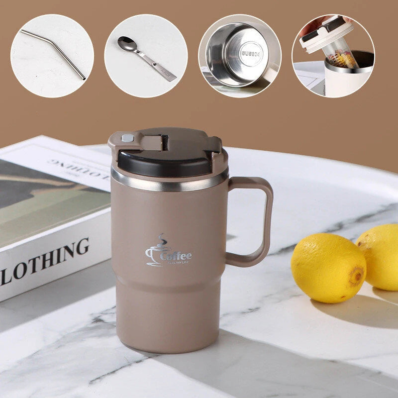 Double-Wall Coffee Office Mug 304 Stainless Steel Water Mug Cup With Spoon&Tea Strainer Leak Proof Anti Scalding Drinking Cup