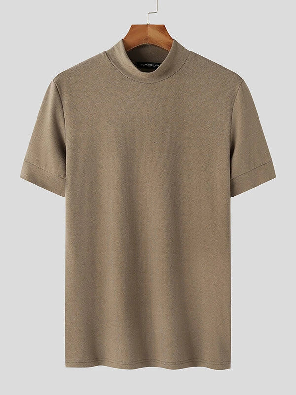 INCERUN Mens Solid Half-Collar Short Sleeve T-Shirt
