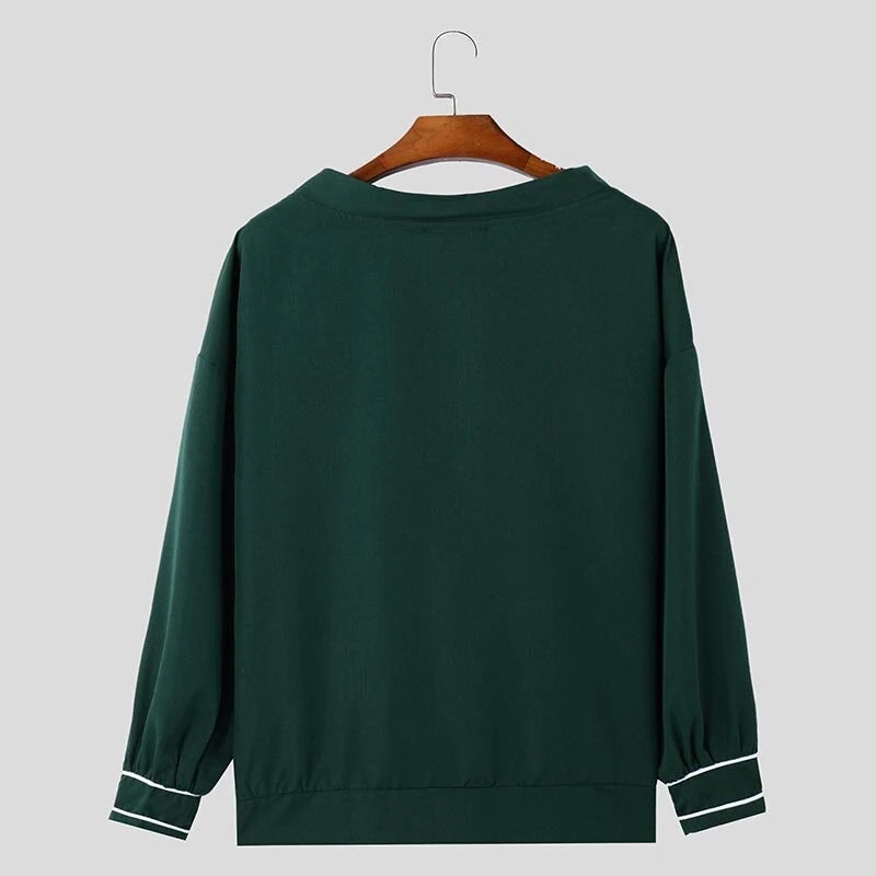 INCERUN Mens Twist Patchwork V-Neck Long Sleeve T-Shirt Fashion Solid Color Drawstring Design Tshirt