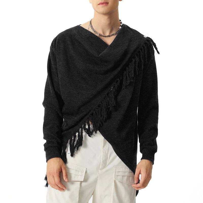 INCERUN Mens Knitted Fringe Cowl Neck Long Sleeve Cardigan Solid Color Fashion Tops for Male S-5XL