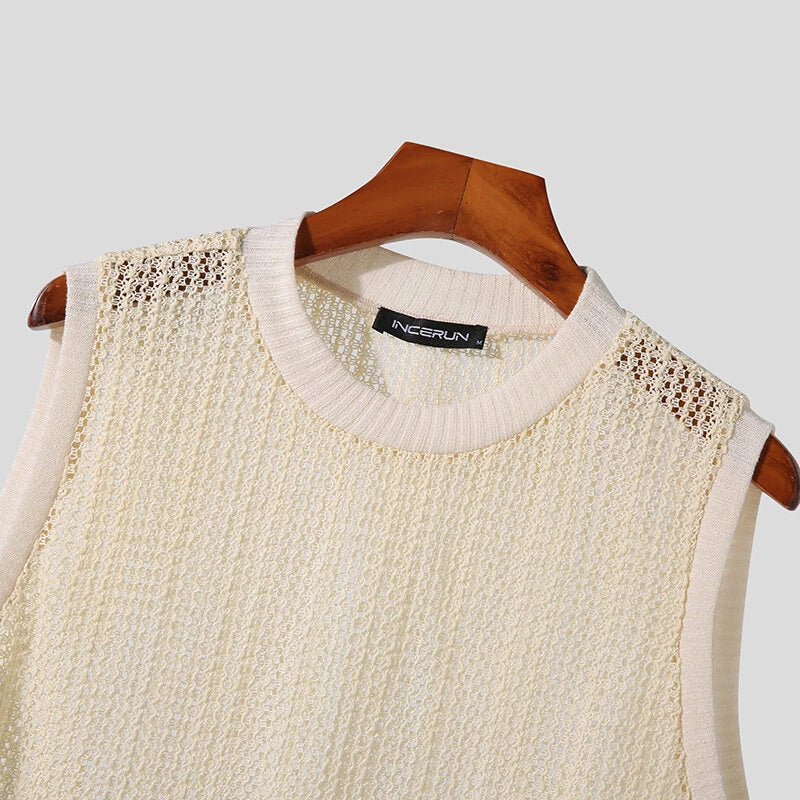 INCERUN Mens Hollow Out Crew Neck Sleeveless Vest Sold Color Sheer Knit Crew Neck Tank Top for Male