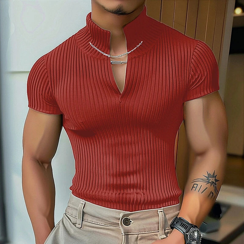 INCERUN Men's Solid Color Knitted Half Turtleneck Chain Deco Short Sleeve T-Shirt