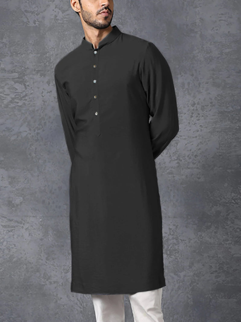 INCERUN Men Robes Long Sleeve Solid Color Long Tops Stand Collar Button Long Shirt with Side Pocket Casual Daily Male Robes