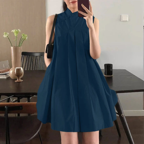 ZANZEA Women Elegant Stand Collar Sundress Sleeveless A-Line Midi Party Prom Dress