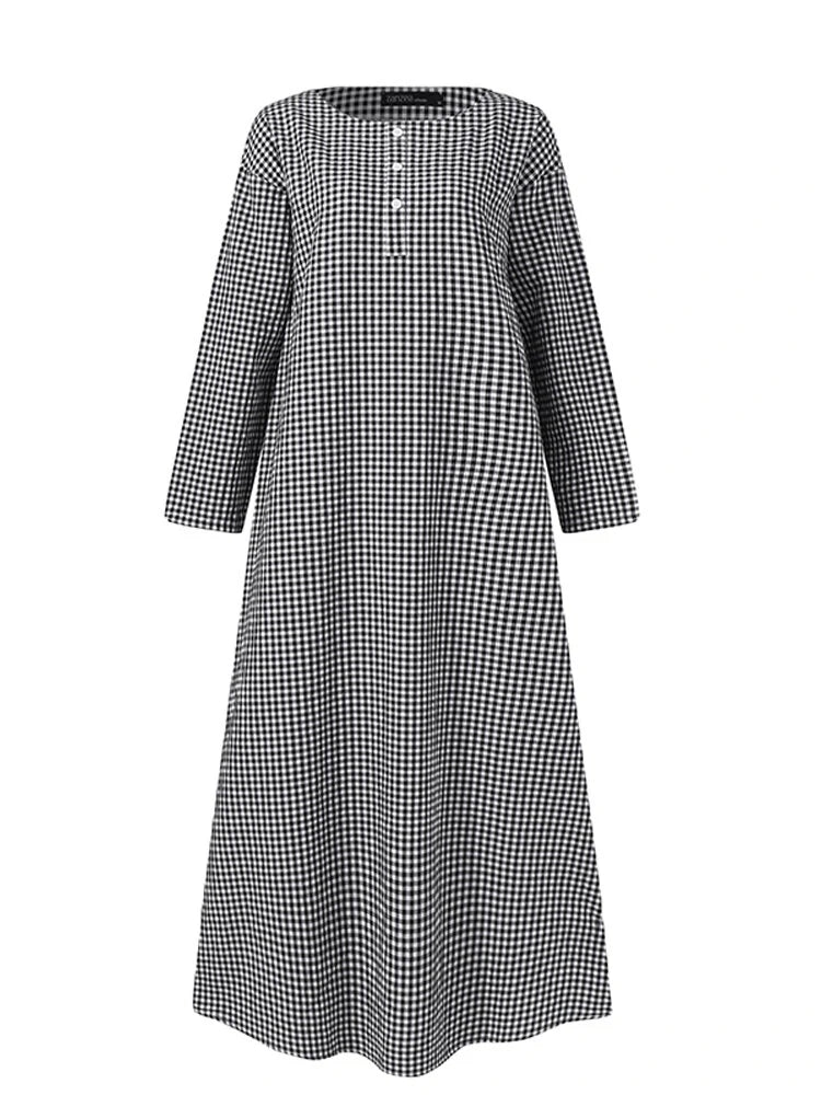 Women Casual Plaid Half Button Front Long Sleeve Maxi Dresses