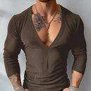 INCERUN Mens Striped Long Sleeve T-Shirt Knitted Solid Color Fashion Big V-neck Tshirt for Male S-5XL