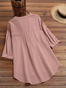 Solid Button Pocket High-Low Hem Casual Cotton Blouse