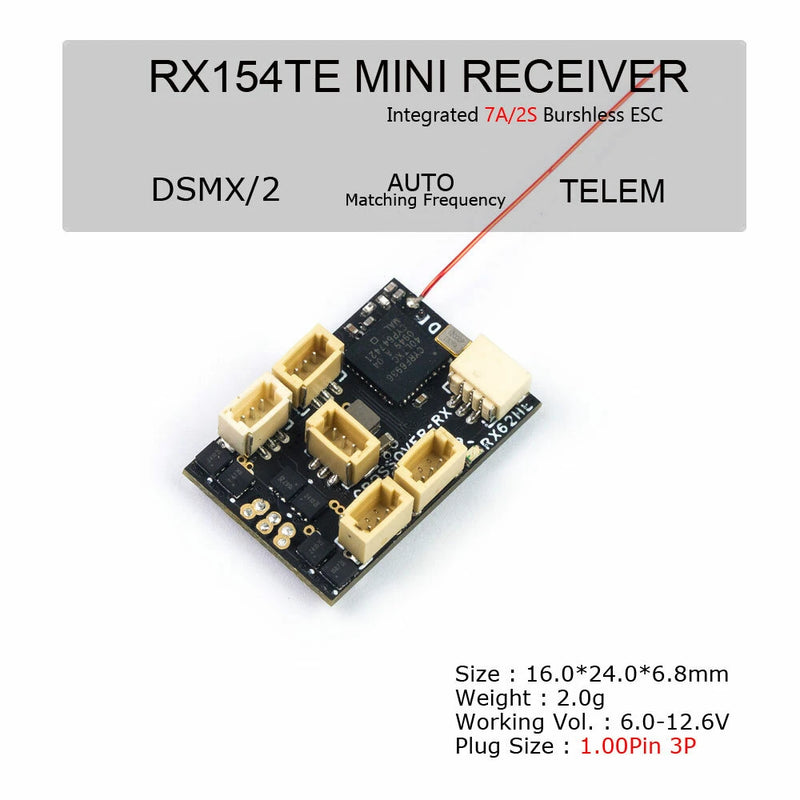 AEORC RX154-E/TE 2.4GHz 7CH Mini RC Receiver with Telemetry Integrates 2S 7A Brushless ESC Supports DSMX/2 for RC Drone