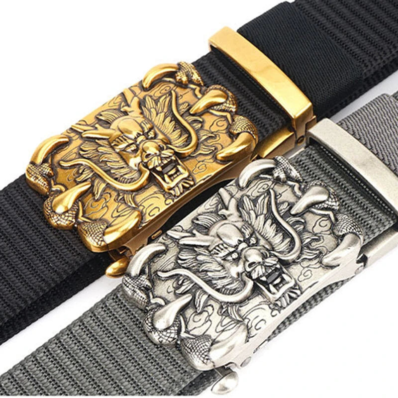 ZANLURE Men's High-Grade Nylon Tactical Belt with Dragon Pattern Toothless Automatic Alloy Buckle Waistband