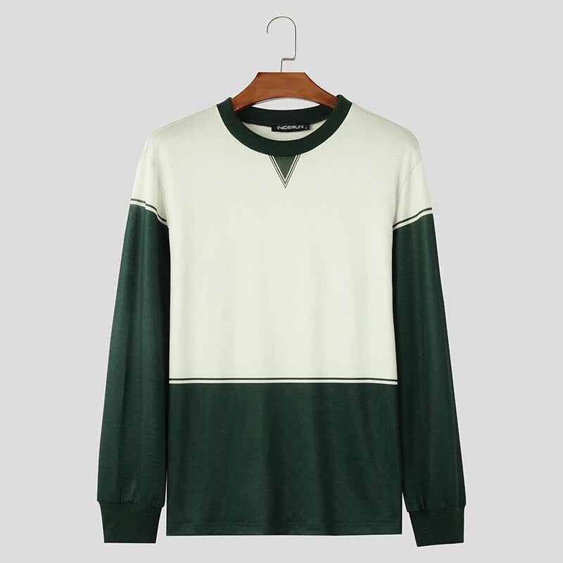 INCERUN Mens Color Block Long-Sleeve Pullover Hoodie Casual Comfortable Crew Neck Top for Male S-5XL