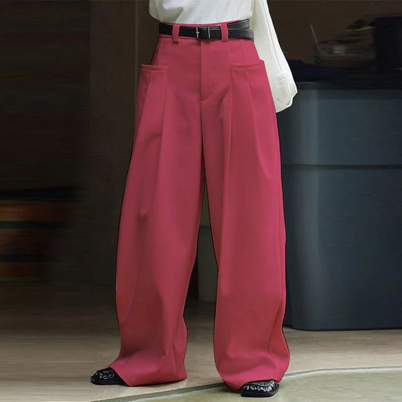 INCERUN Mens Solid Pleated Design Casual Straight Pants Casual Comfortable Wide Legged Long Pant with Pockets