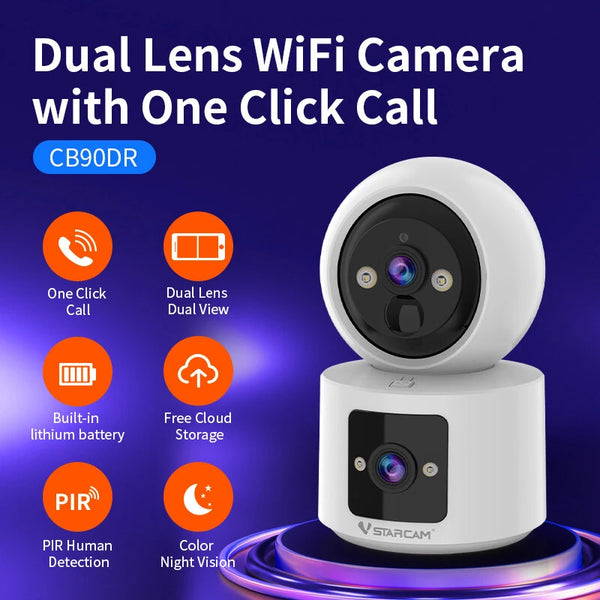 Vstarcam CB90DR 3MP HD Dual Lens Wireless Security Camera WIFI Color Night Vision PIR Human Detection Two Way Audio 5000mAh Battery Cloud Storage APP Remote Monitoring Home Cameras