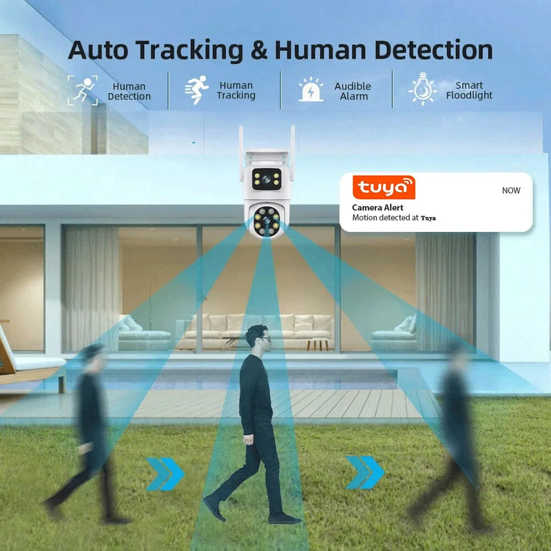 4MP Dual Lens Tuya Wifi Camera PTZ Outdoor 4K Wireless Dual Screen Security Camera Auto Tracking Monitoring Video Surveillance EU Plug