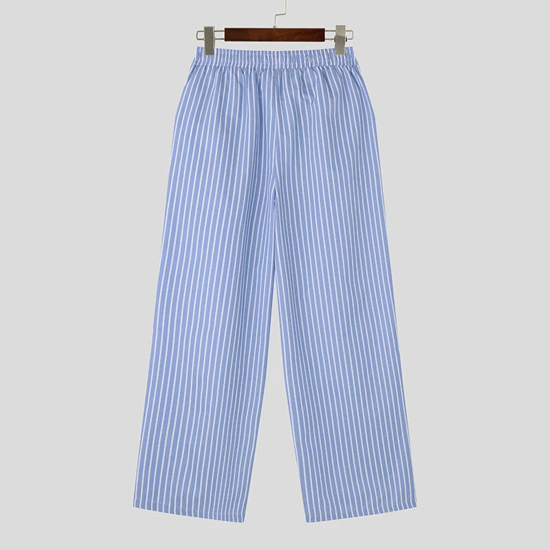 INCERUN Men Trendy Striped Drawstring Waist Casual Pants Daily Casual Home Elastic Waist Long Trousers for Men Large Size S-5XL