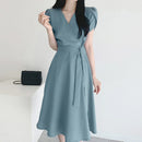 ZANZEA Womens Puff Sleeve V Neck Belted A Line Midi Dress Party Gown Long Dresses