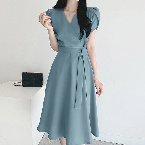 ZANZEA Womens Puff Sleeve V Neck Belted A Line Midi Dress Party Gown Long Dresses