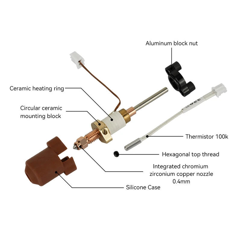 K1C Ceramic Heating Hotend Kit 0.4mm Nozzle 300C High Temp Hardened Steel Chromium Zirconium Copper Titanium Alloy for 3D Printer PLA ABS PETG TPU Nylon