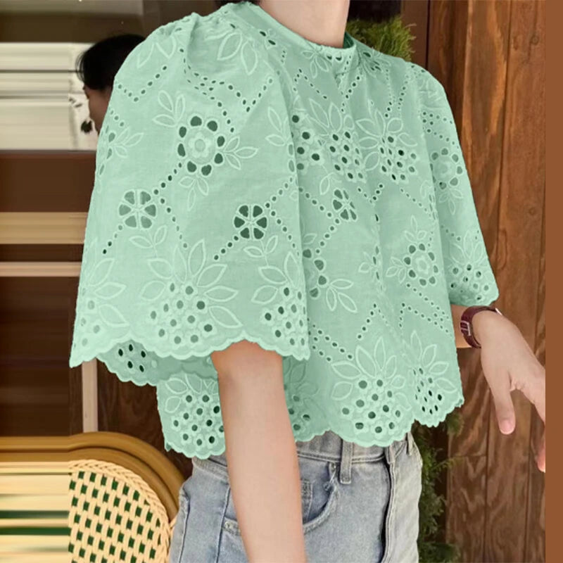 ZANZEA Elegant Style Womens Vintage Casual Cotton Crop Shirts Top Vacation Crew Neck Hollow Embroidery Blouses