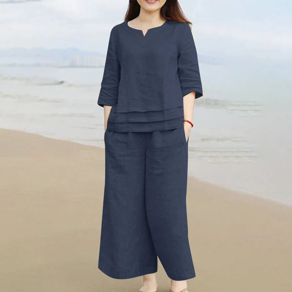 ZANZEA Plus Size Women Casual Solid Two-Piece Set, Notched Neck 3/4 Sleeve Layered Hem Top & Wide Leg Pants, Women's Plus Size Clothing