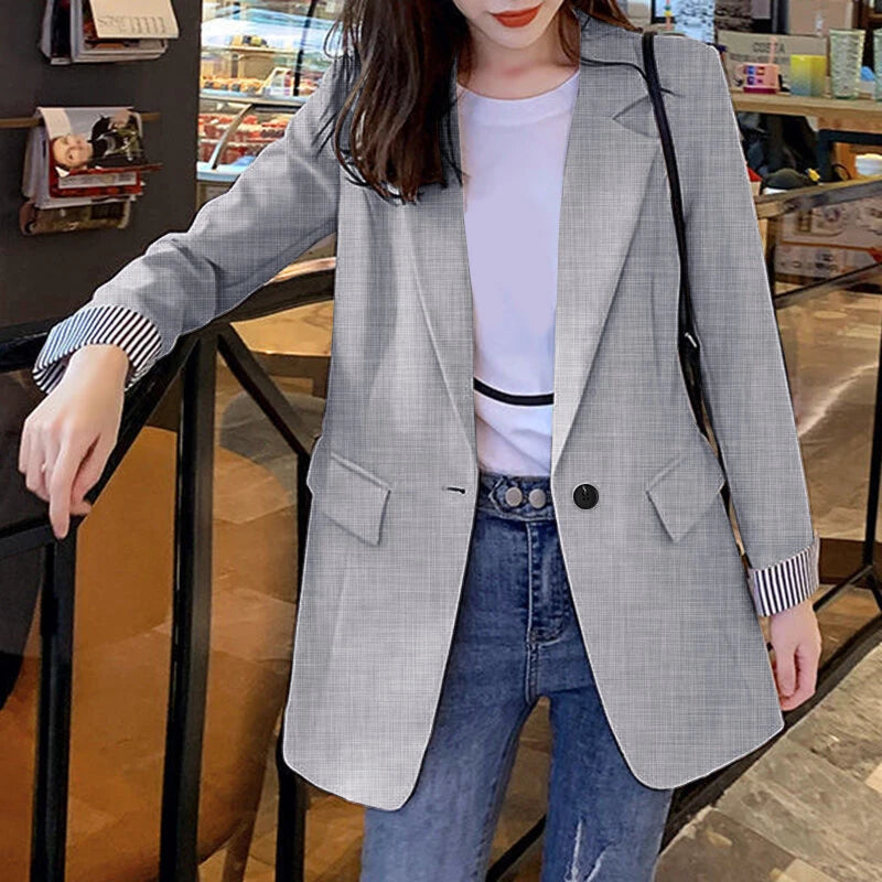ZANZEA Plus Size Women's Stripe Panel Long Sleeve Button Front Lapel Blazer with No Pockets